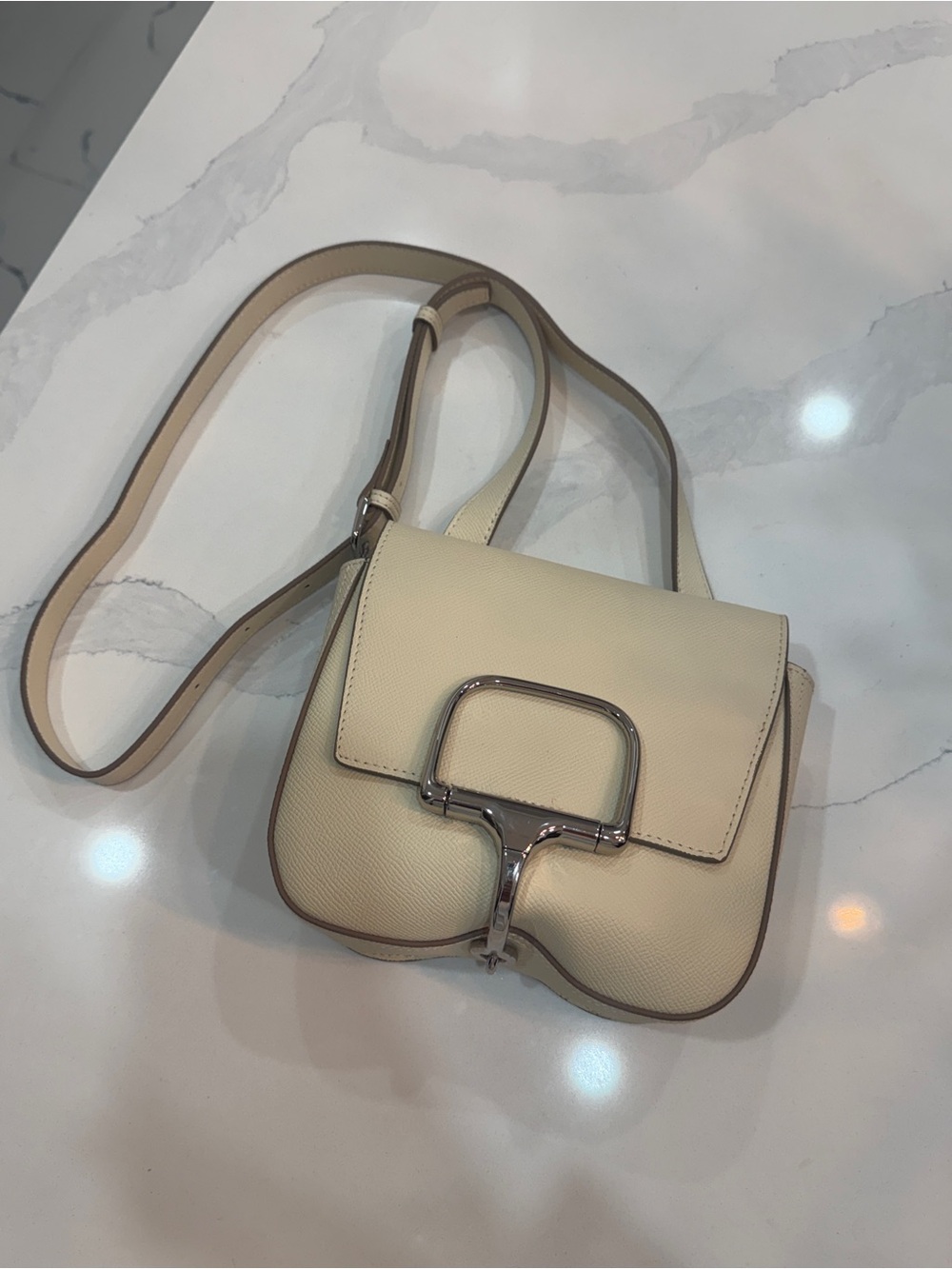 Handmade Leather Flap Bag Cream/Beige Pressed Grain Leather, Silver Buckle
